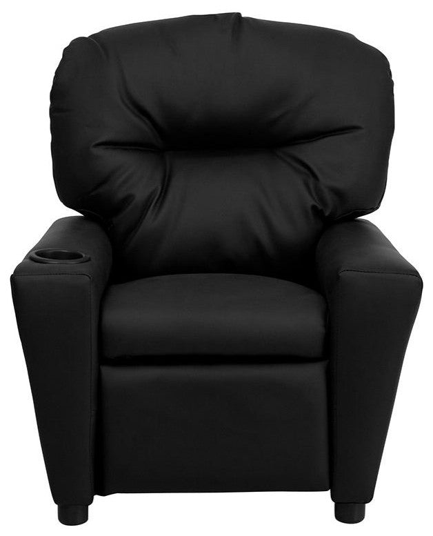 Contemporary Black Leather Kids Recliner With Cup Holder