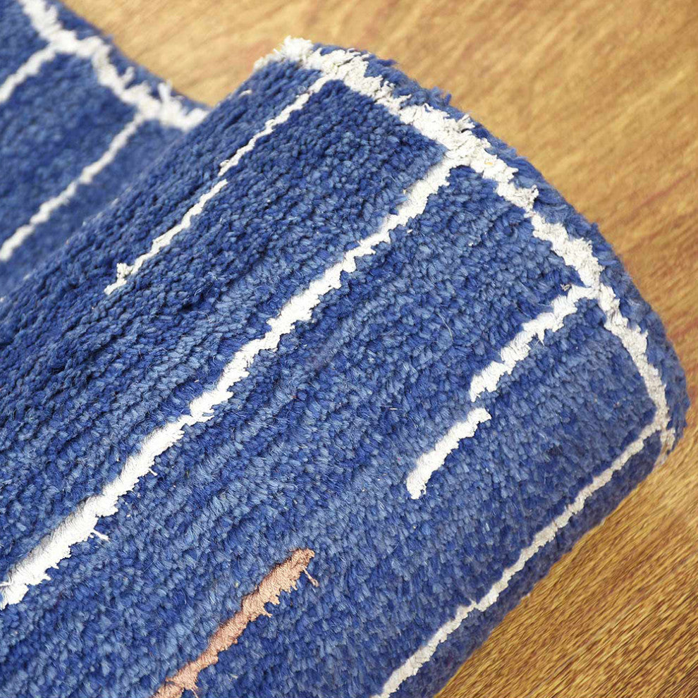 Hand Knotted Wool Area Rug Abstract Blue Beige