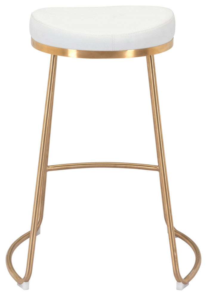 Counter Stool Chair, Set of 2, Faux Vinyl Leather, Steel, White, Gold, Cafe
