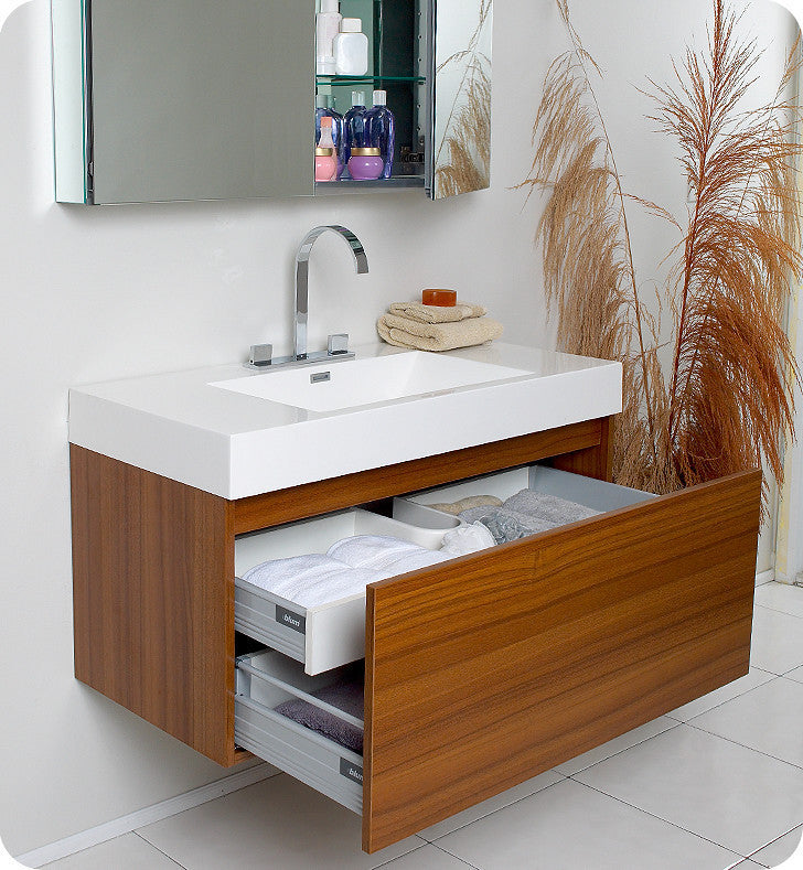 Mezzo Teak Modern Bathroom Vanity With Medicine Cabinet, FFT3076BN