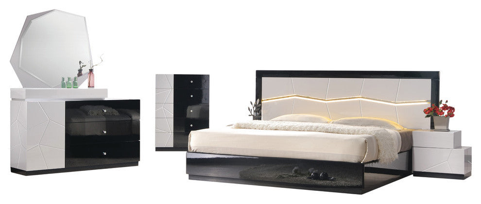 Modern White and Black Platfrom Bed With LED Light, Queen