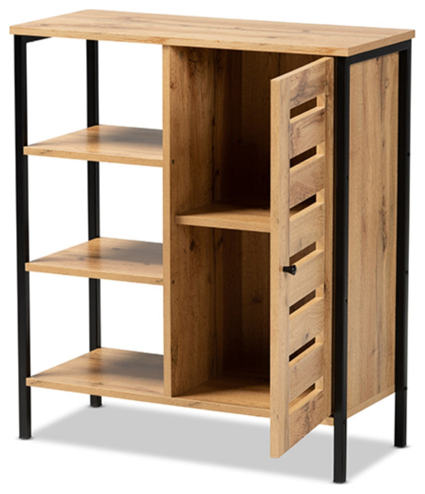 Oak Brown Finished Wood and Black Finished Metal 1-Door Shoe Storage Cabinet