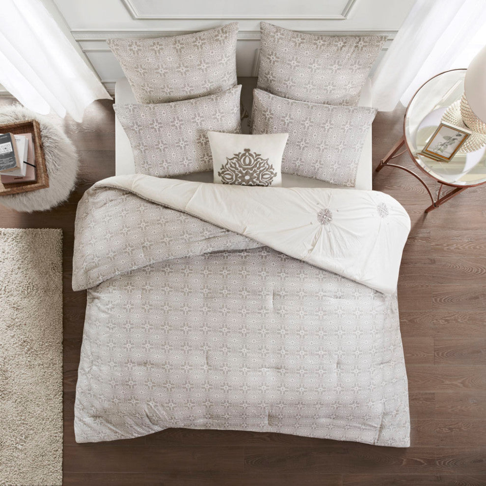 Madison Park Malia 6 Piece Embroidered Cotton Reversible Comforter Set, Ivory