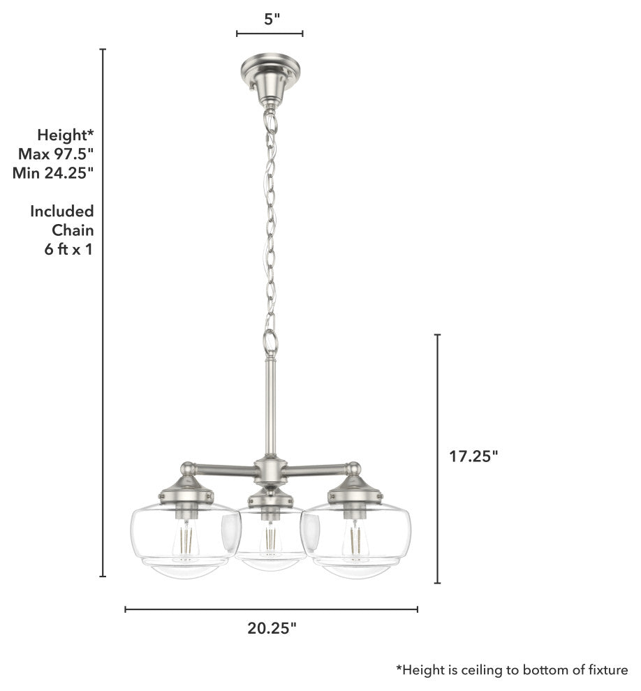 Saddle Creek Brushed Nickel, Clear Seeded Glass 3 Light Chandelier Light