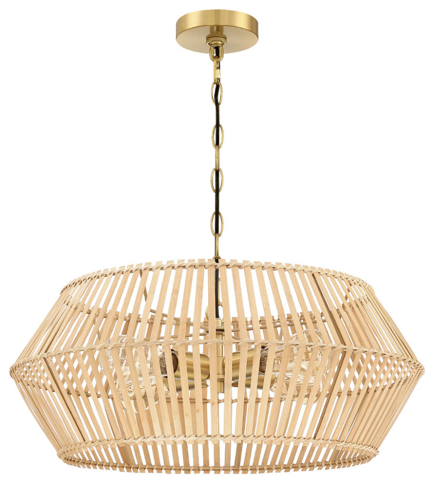 22" W 4 Light Bohemian Bamboo Chandelier With Brass Canopy