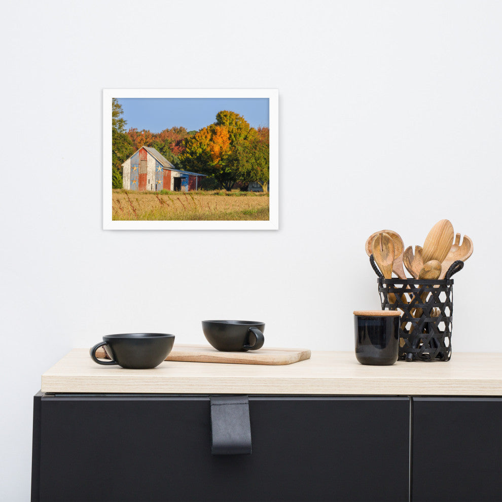 Patriotic Barn in Field Rural Landscape Framed Photo Paper Wall Art Prints, White, 11" X 14"