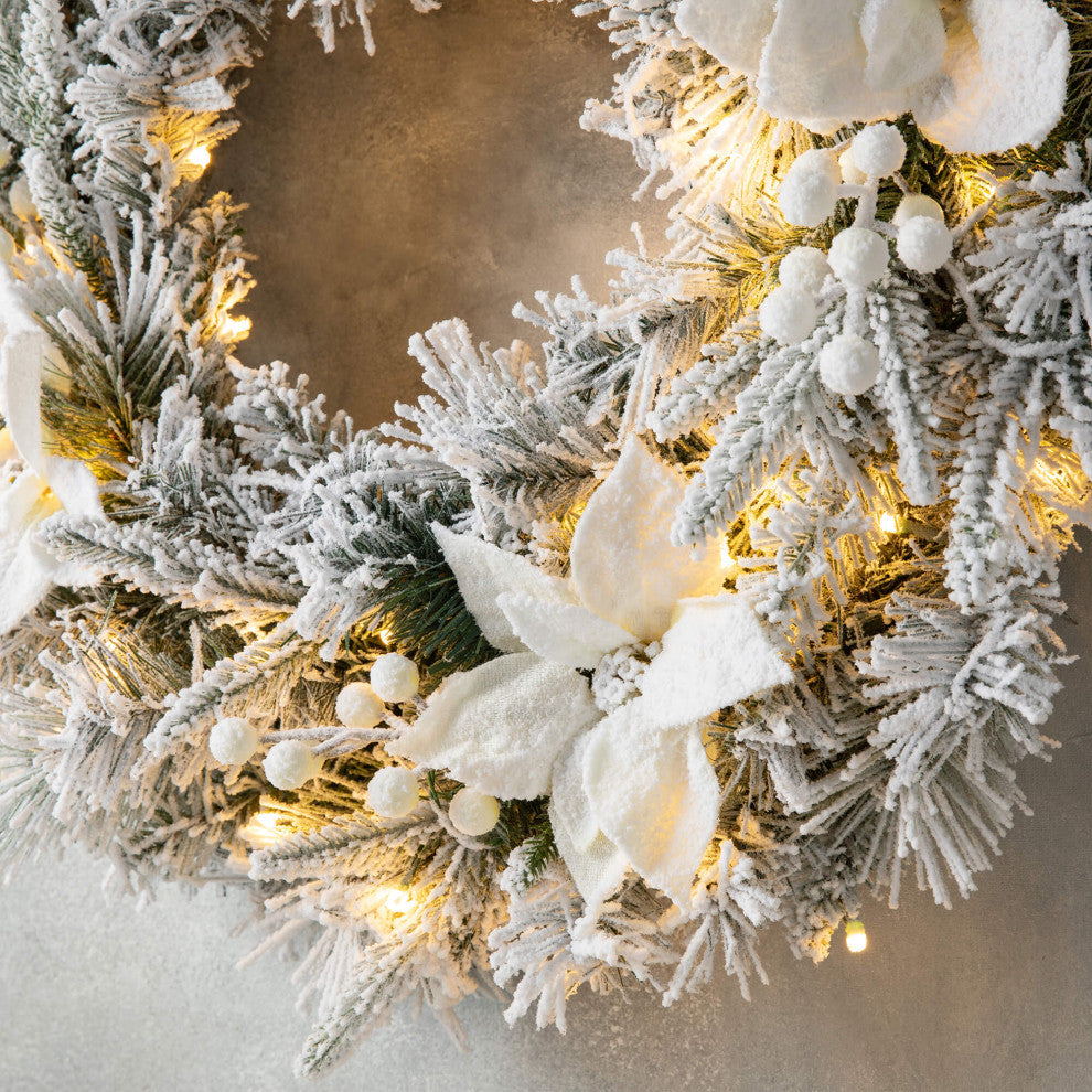 24"D Pre-Lit Snow Flocked Pine Poinsettia Christmas Wreath with 50 Lights
