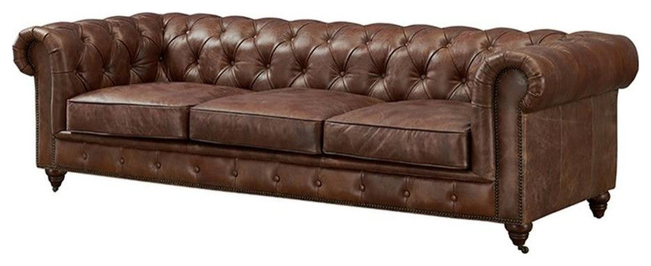 Crafters and Weavers Top Grain Vintage Leather Chesterfield Sofa Bark Brown