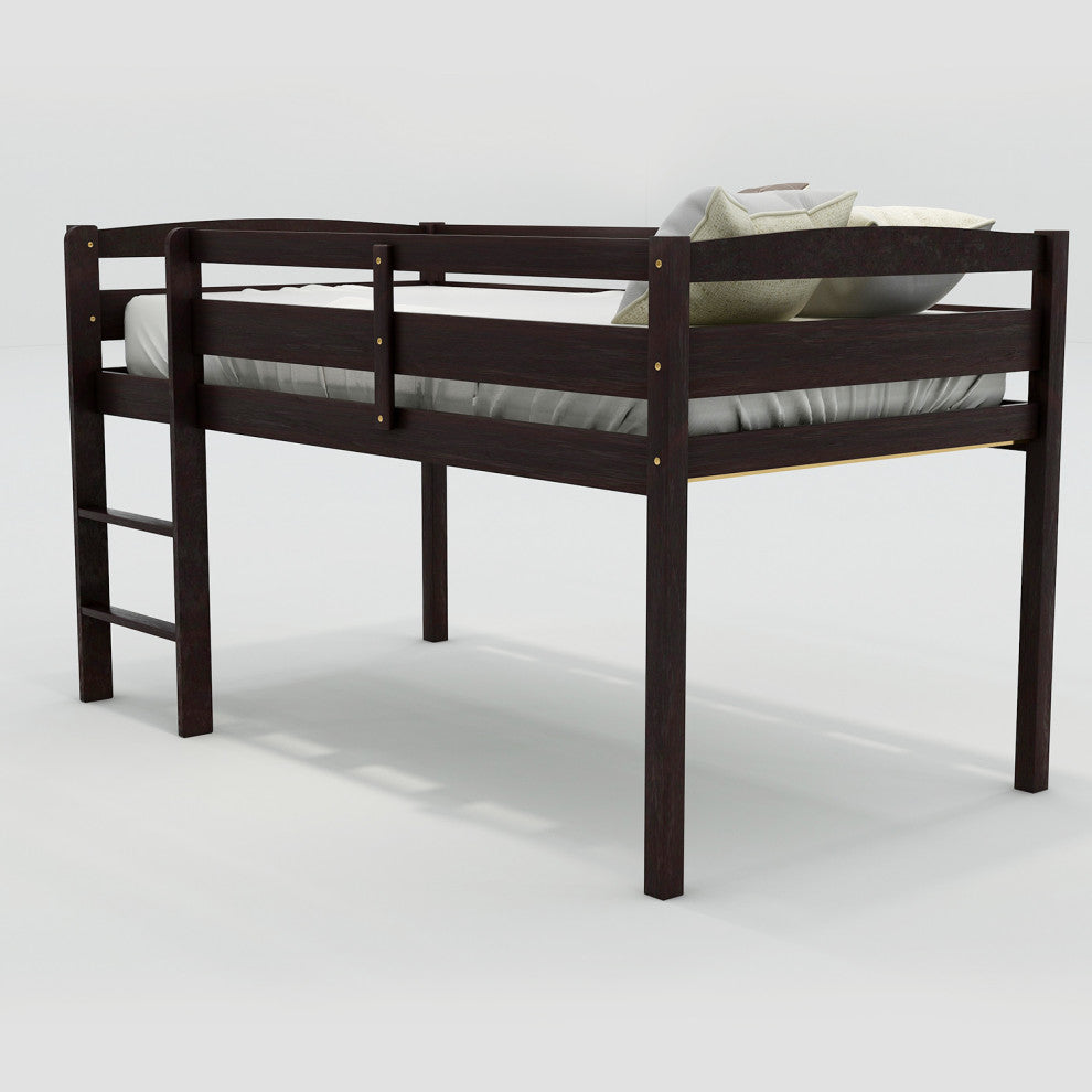 Gewnee Wood Twin Low Loft Bed with Ladder in Espresso