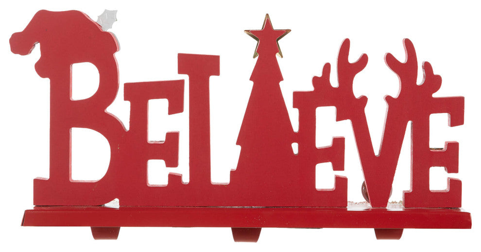 14.5"L Wooden/Metal "BELIEVE" Christmas Stocking Holder