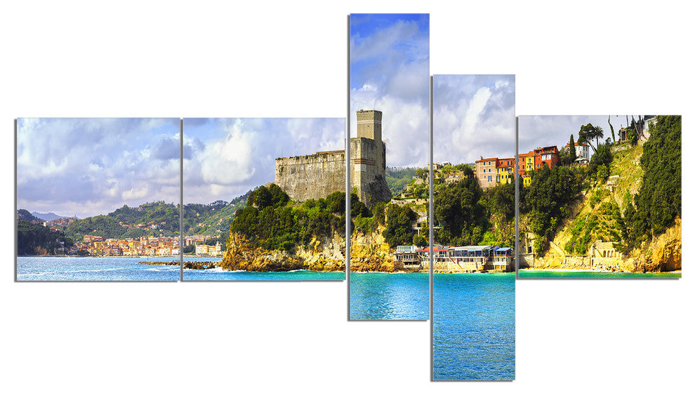 Lerici Village Panorama, Seascape Canvas Art Print, 60"x32", 5 panels
