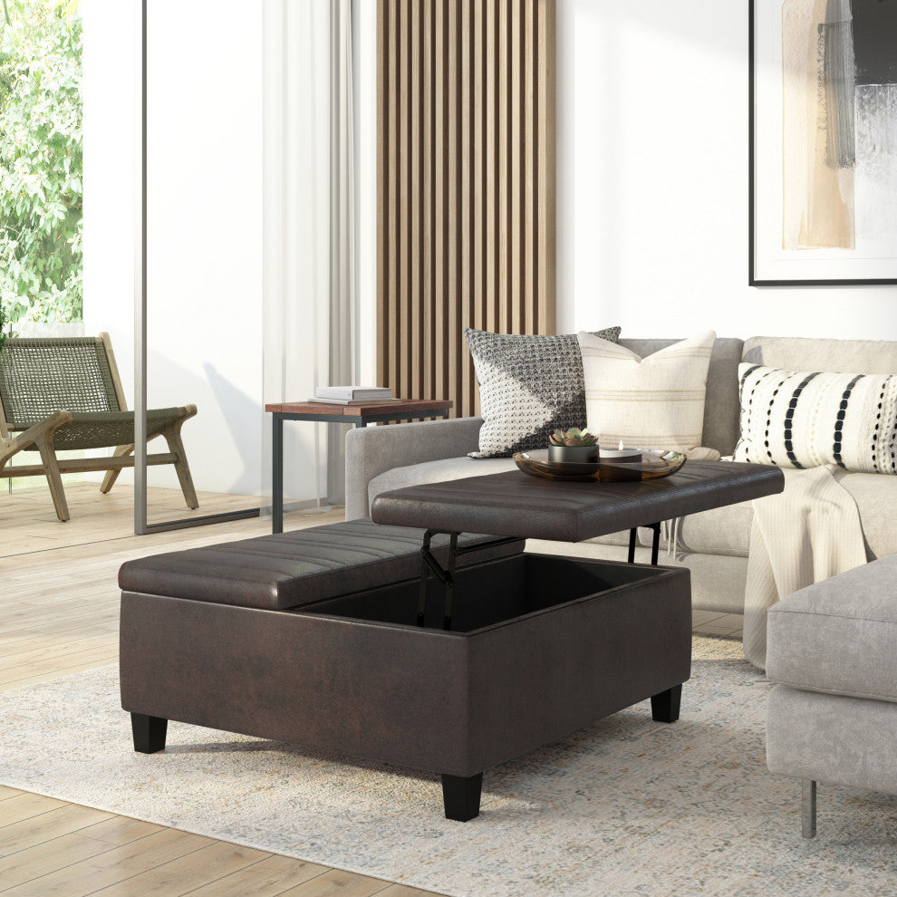 Ellis Coffee Table Storage Ottoman, Distressed Brown Vegan Faux Leather