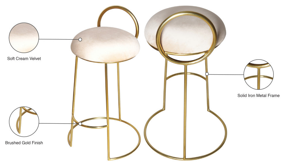 Ring Velvet Upholstered Counter Height Stool with Durable Iron Frame, Cream, Gold Finish