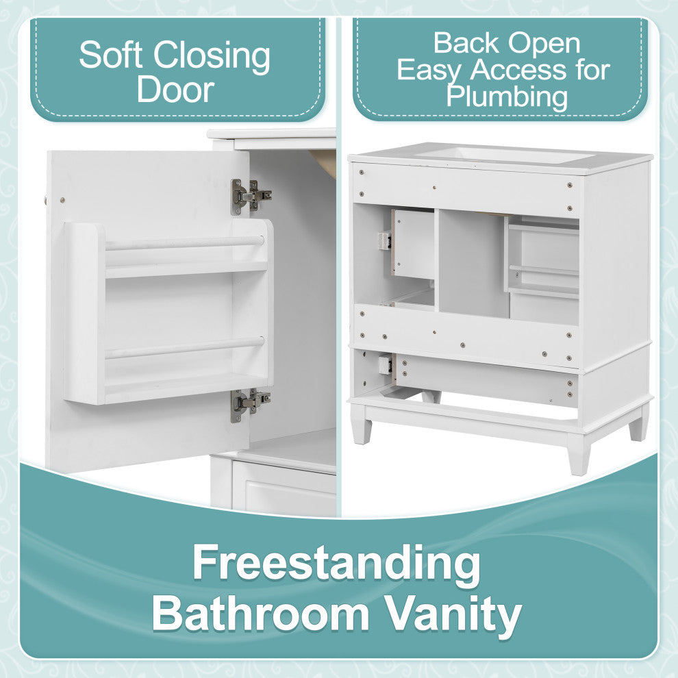 GDF Studio 30" Vanity With Ceramic Sink, Soft Close Door & Drawers, White