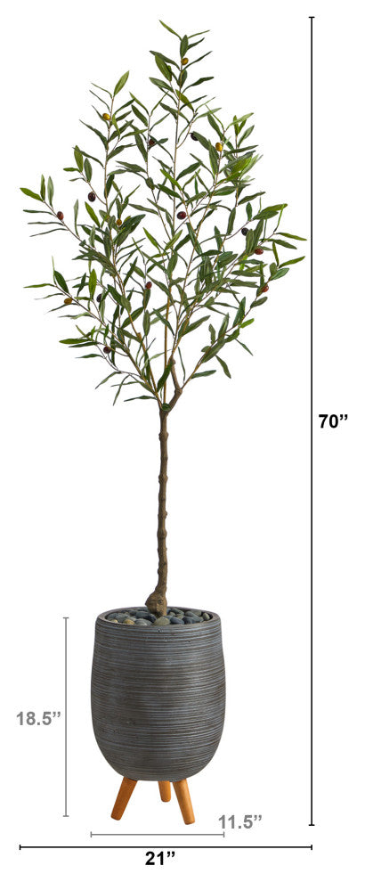 Nearly Natural 70" Olive Artificial Tree, Gray Planter With Stand