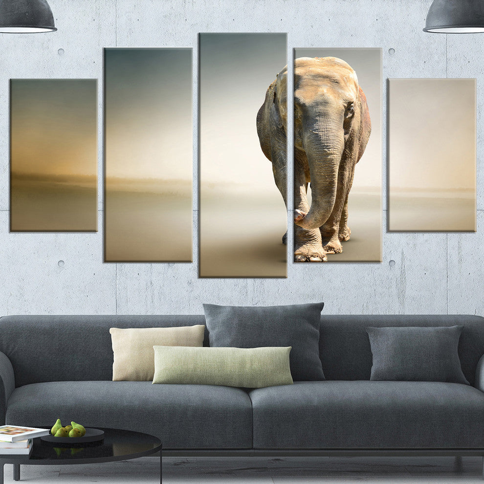 Smart Elephant Walking, Animal Canvas Wall Art, 60"x32", 5 Panels