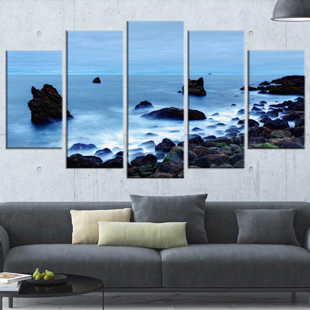 "Rocky Coast Near Raykjanes" Seashore Canvas Art, 60"x32", 5-Panels