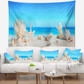 Seashells on Tropical Beach Seashore Photo Wall Tapestry, 80"x68"