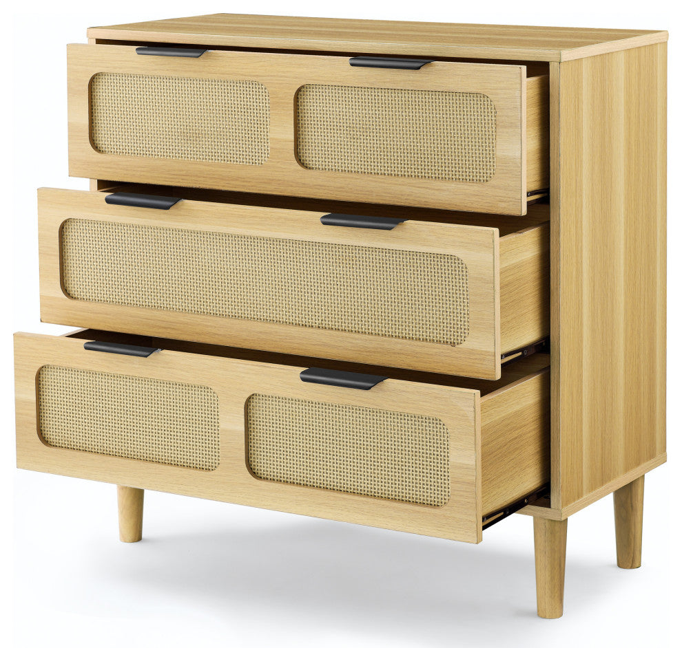 TATEUS 3 drawer dresser, modern rattan dresser cabinet, Natural
