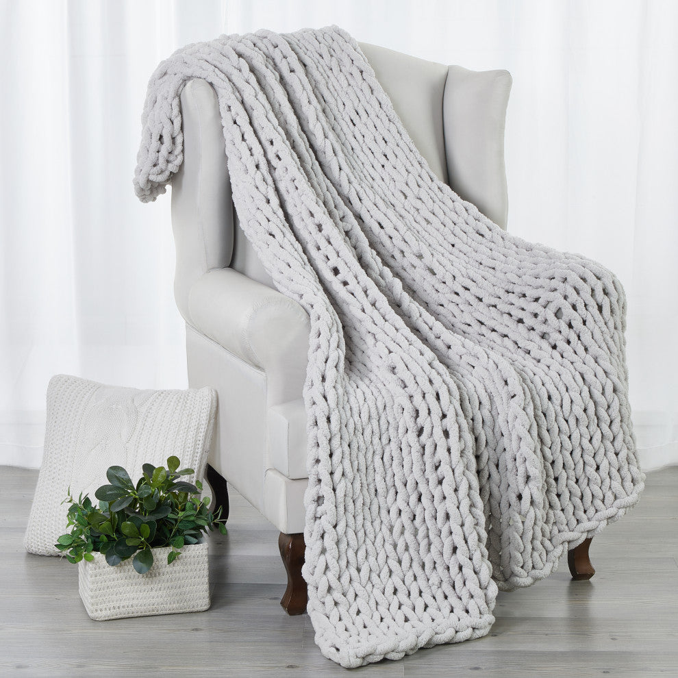 Kathy Ireland Chunky Knit Throw Blanket, Light Grey