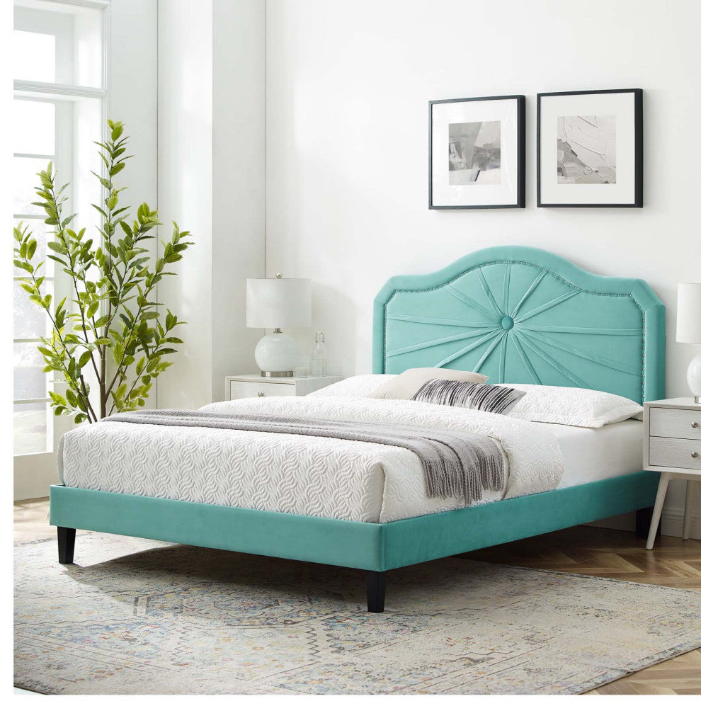 Platform Bed Frame, Queen Size, Velvet, Blue, Modern Contemporary, Bedroom