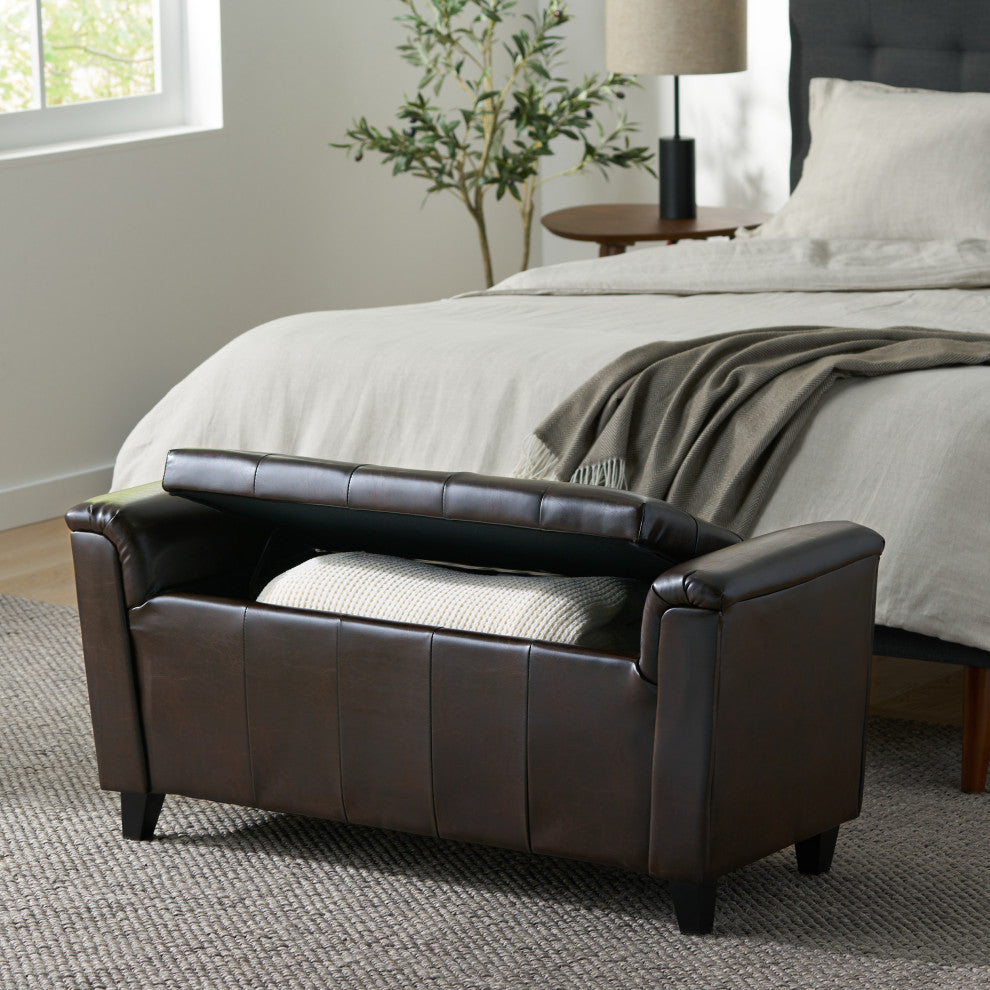 GDF Studio Arthur Armed Storage Ottoman Bench, Tufted Seat, Brown Leather