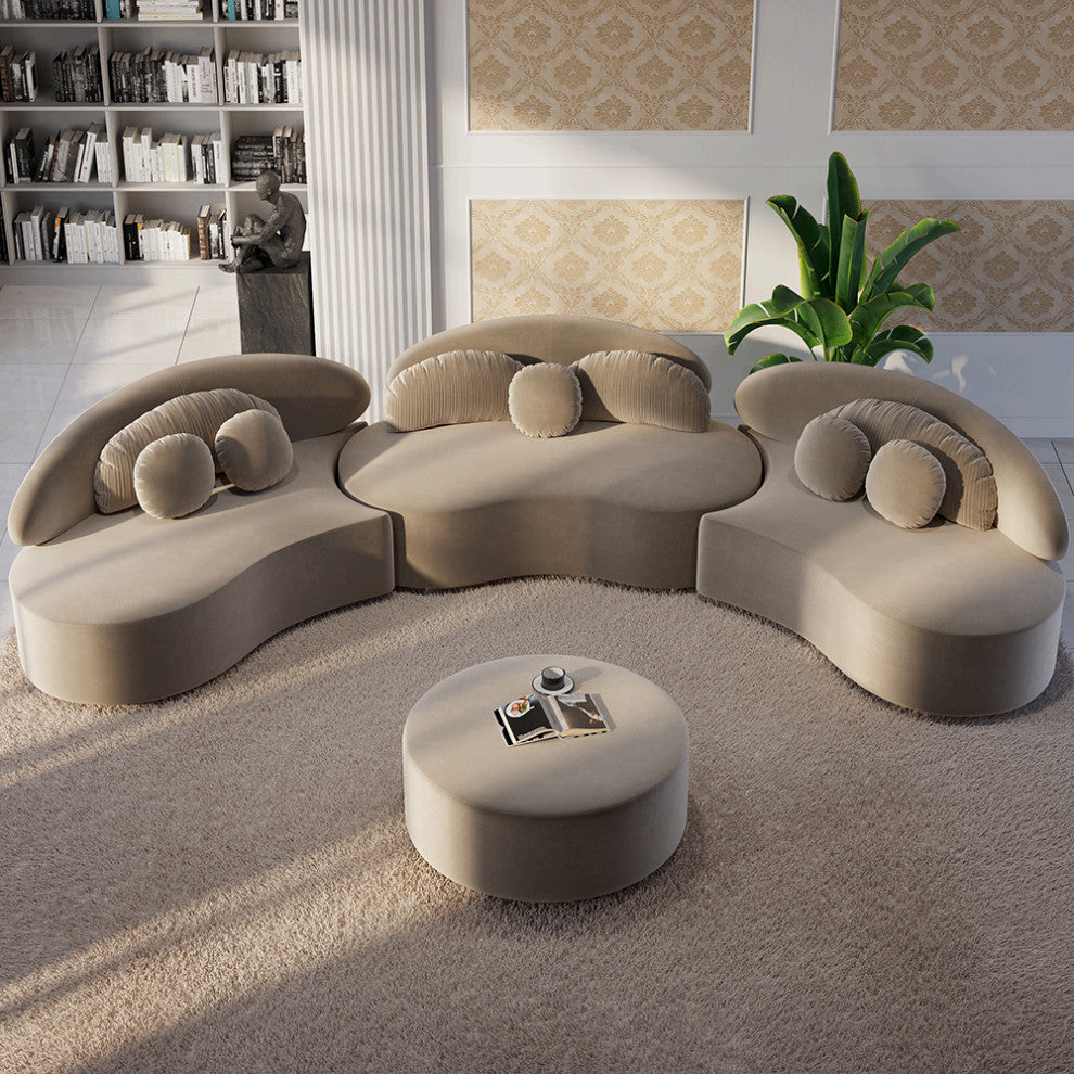 Khaki 4 Pieces Curved Sectional Modular Sofa Velvet Upholstered with Ottoman