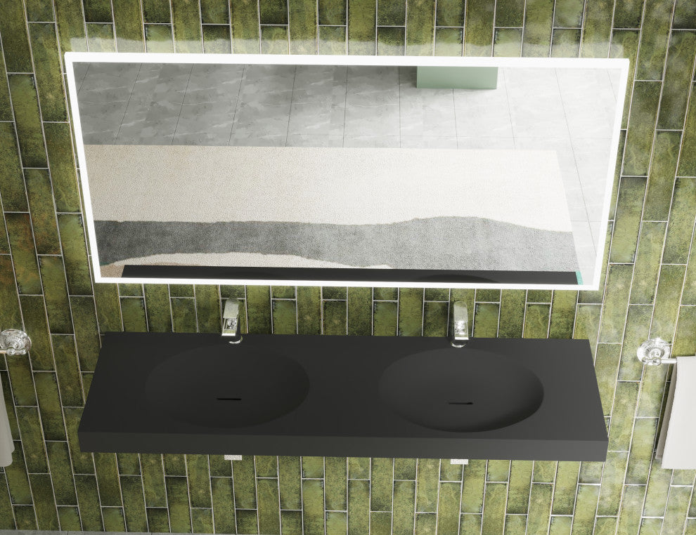 CastelloUSA Darleen Solid Surface Wall Mount Bathroom Sink, Black, 60"