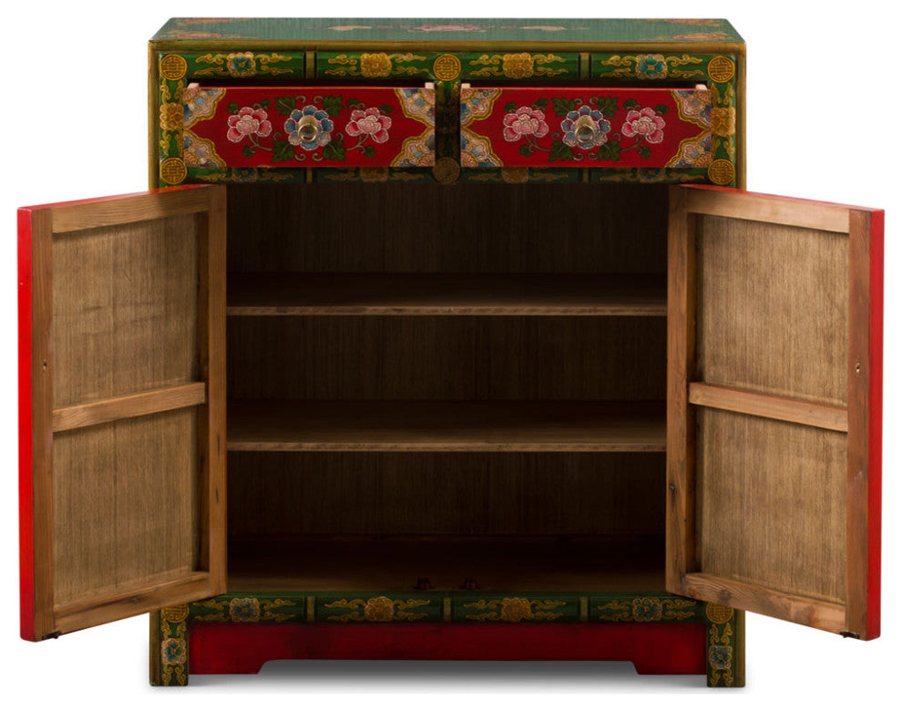 Hand Painted Red and Green Peony Motif Tibetan Chest