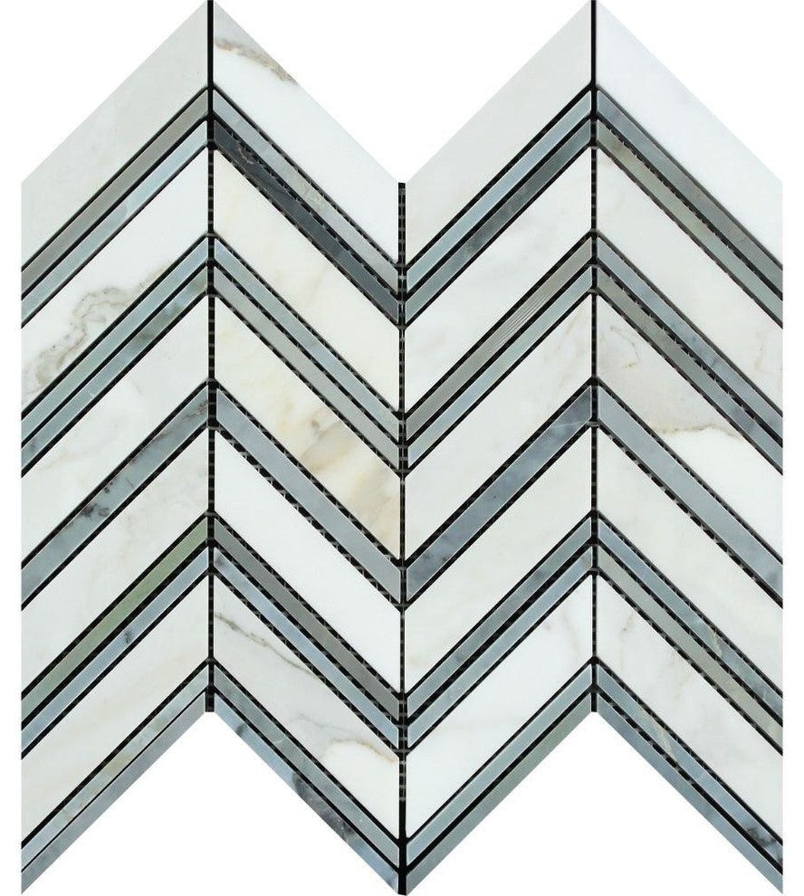 Calacatta Gold Marble Polished Large Chevron Mosaic  w/Blue & Gray