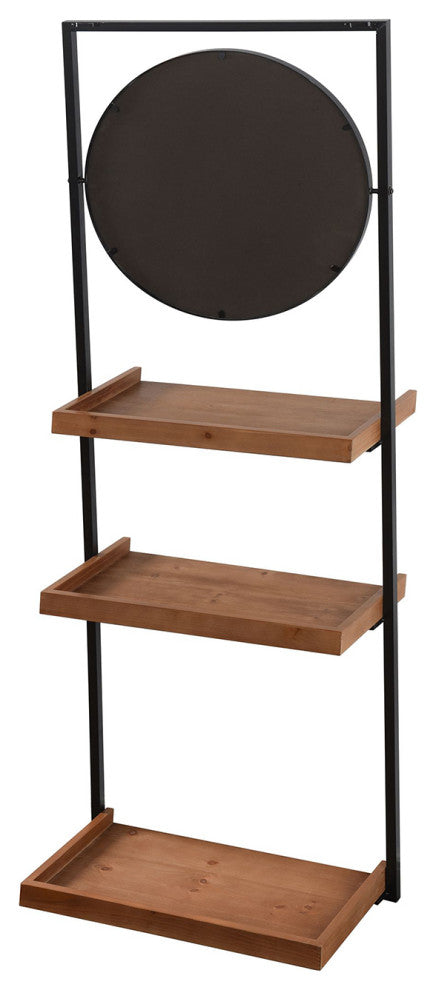 Lena Decorative Standing Shelves Round Mirror Wood Brown Finish