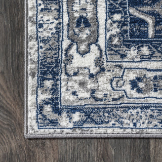 Modern Persian Vintage Medallion Light Grey/Navy 6' Square Area Rug