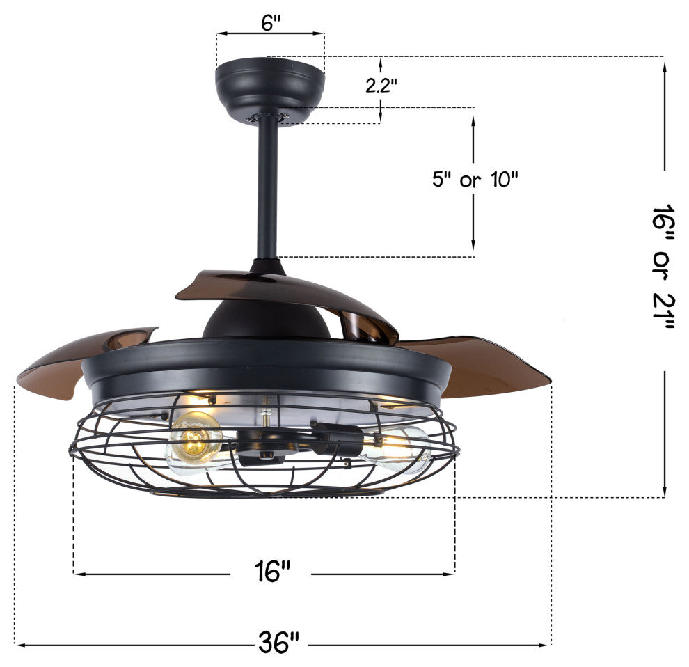 36" Black Modern Industrial Retractable Ceiling Fan with Light and Remote, Black