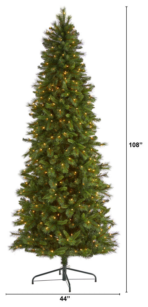 9' Slim West Virginia Mountain Pine Faux Xmas Tree W/ Lights & Bendable Branches