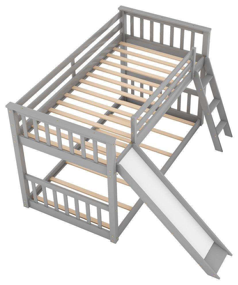 Gewnee Wood Twin Over Twin Bunk Bed with Slide and Ladder in Gray