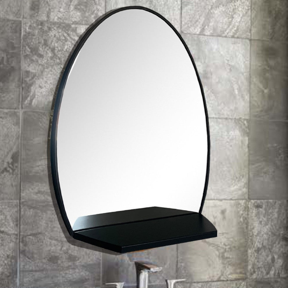 Oval Metal Frame Mirror With Shelf, Brushed Silver