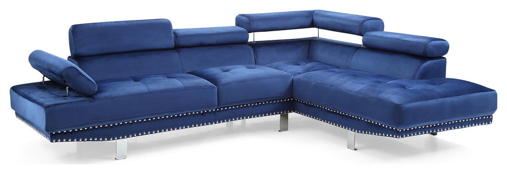 Derek 109" W 2 Piece Velvet L Shape Sectional Sofa, Navy Blue