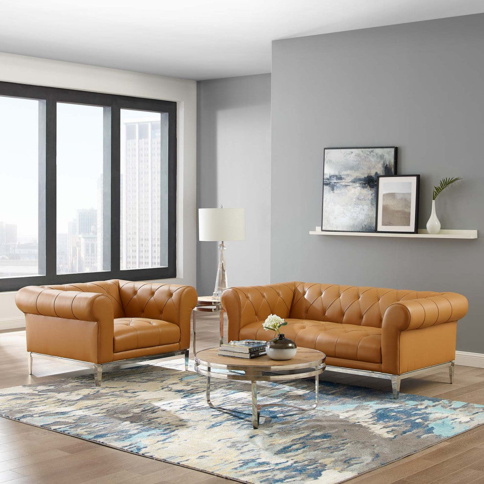 Tufted Armchair and Loveseat Sofa Set, Leather, Tan, Modern, Lounge Hospitality