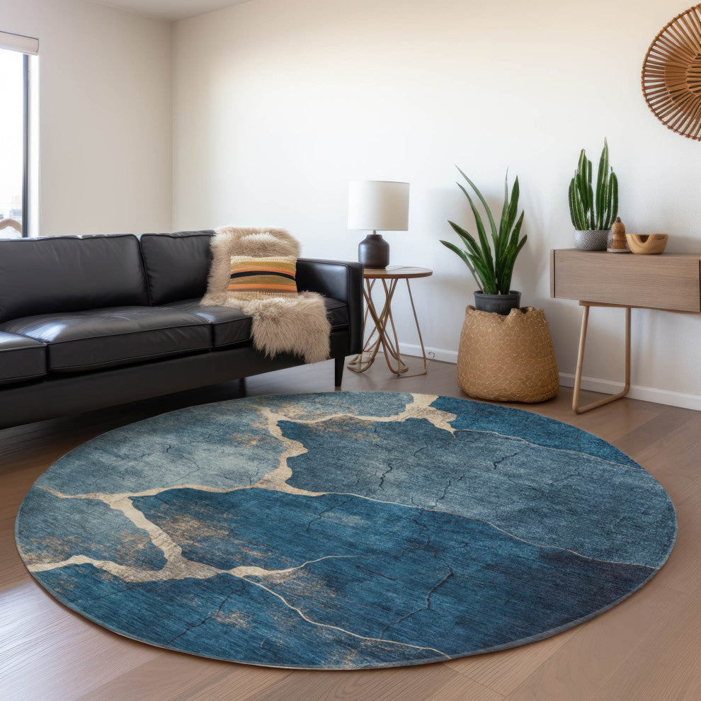 Machine Washable Indoor/Outdoor Chantille ACN1889 Navy 8' x 8' Round Rug