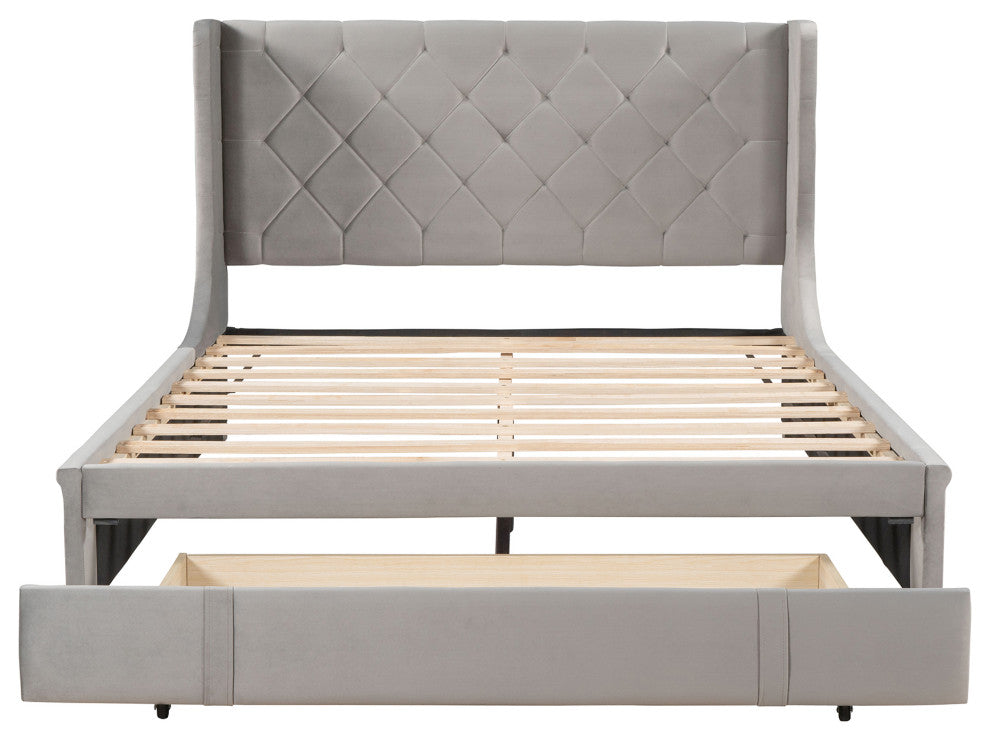 Queen Upholstered Platform Bed with Wingback Headboard and Drawer, Gray