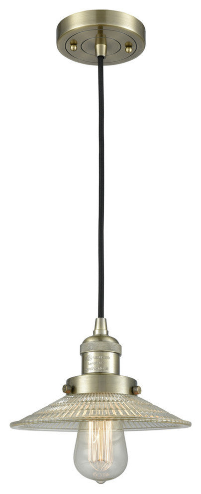 1-Light Dimmable LED Halophane 10" Mini Pendant, Antique Brass