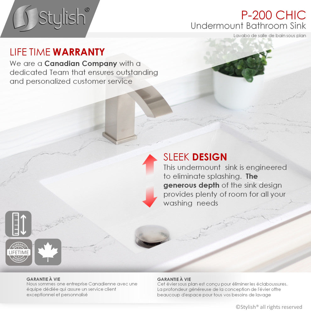STYLISH 20" Porcelain Rectangular Undermount Bathroom Sink with Overflow