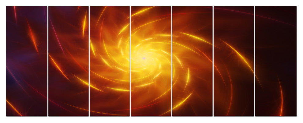 Yellow Whirlpool Fractal Spirals, Abstract Art on Canvas, 83"x32", 7 Panels