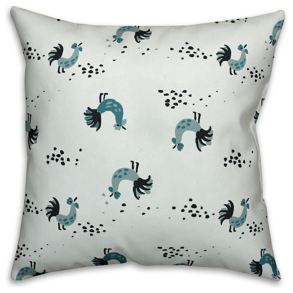 Rooster Pattern, Blue Throw Pillow Cover, 18"x18"