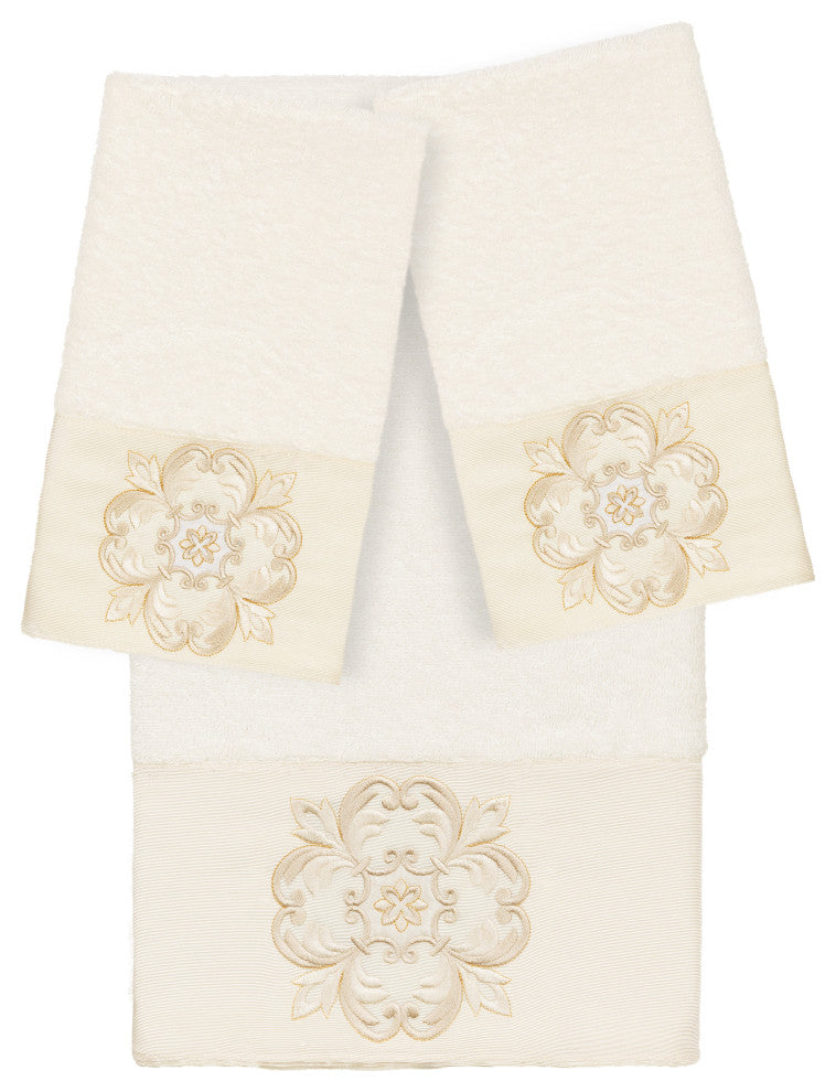 100% Turkish Cotton Alyssa 3-Piece Embellished Towel Set, Cream