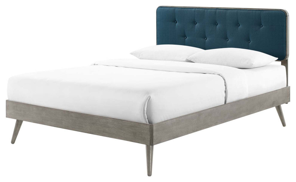 Platform Bed Frame, Twin Size, Wood, Grey Gray Navy Blue, Modern Contemporary