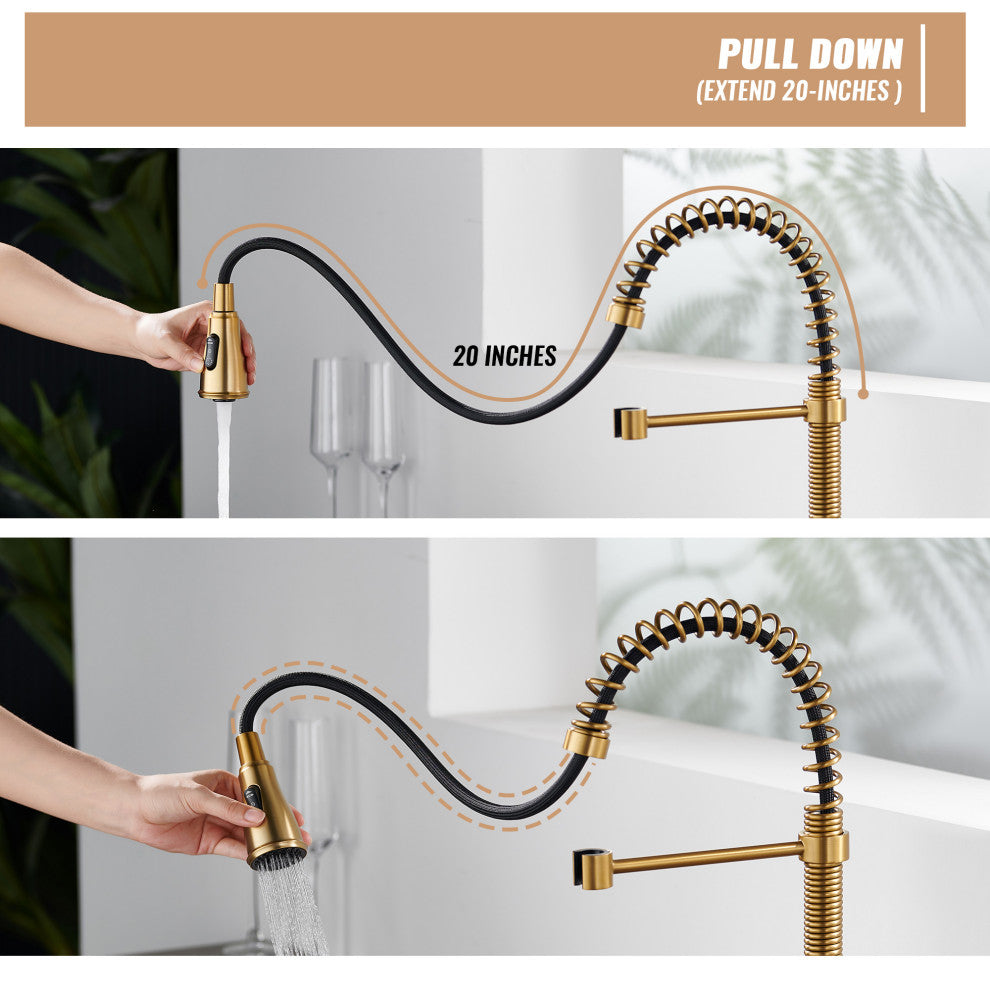 Single Handle Kitchen Faucet Pull-Down Sprayer, 360 Swivel, Three Functions, Brushed Gold