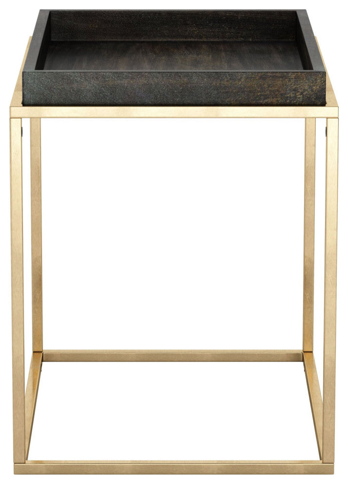 Sofa Side Table, Rectangular, Aluminum, Metal, Wood, Black, Brass, Hospitality