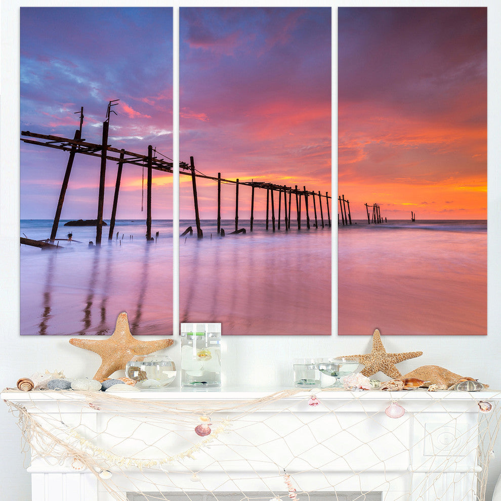 "Abandoned Wooden Pier at Sunset" Sea Pier Metal Wall Art, 3 Panels, 36"x28"