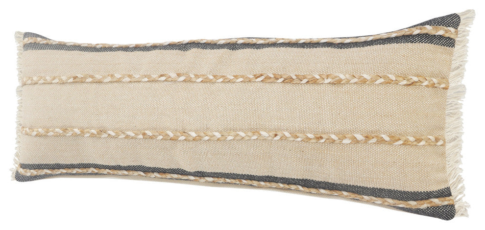 Atlantis Black and Taupe Throw Pillow with Jute Braiding and Fringe, 14" X 36"